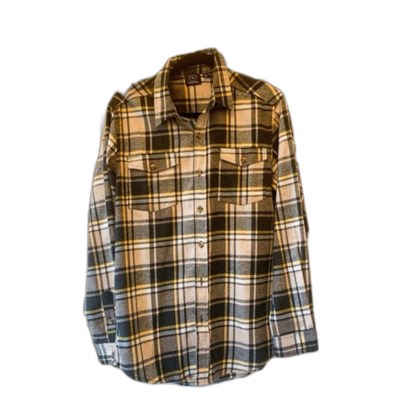 Burnside  Plaid Flannel Button-Up Shirt Men’s Medium Black and Yellow - Picture 2 of 4